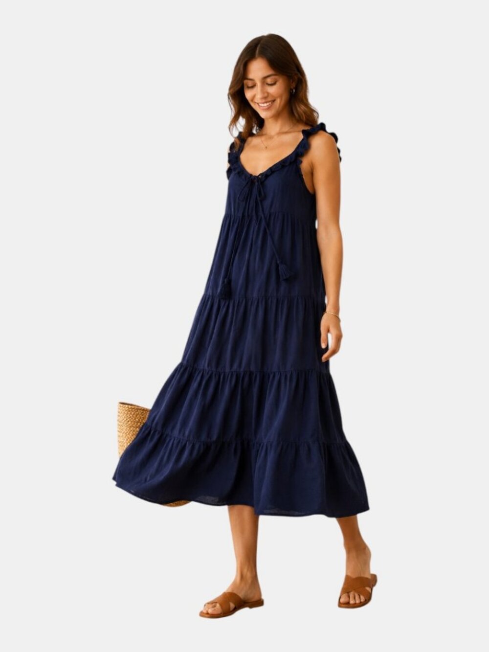 NWT J.CREW COTTON LINEN TIERED MAXI DRESS NAVY  SIZE XL